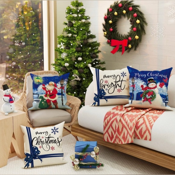 Christmas Throw Linen Pillow Covers 18x18 Inch Set of 4, Winter Merry Christmas - Picture 2 of 8